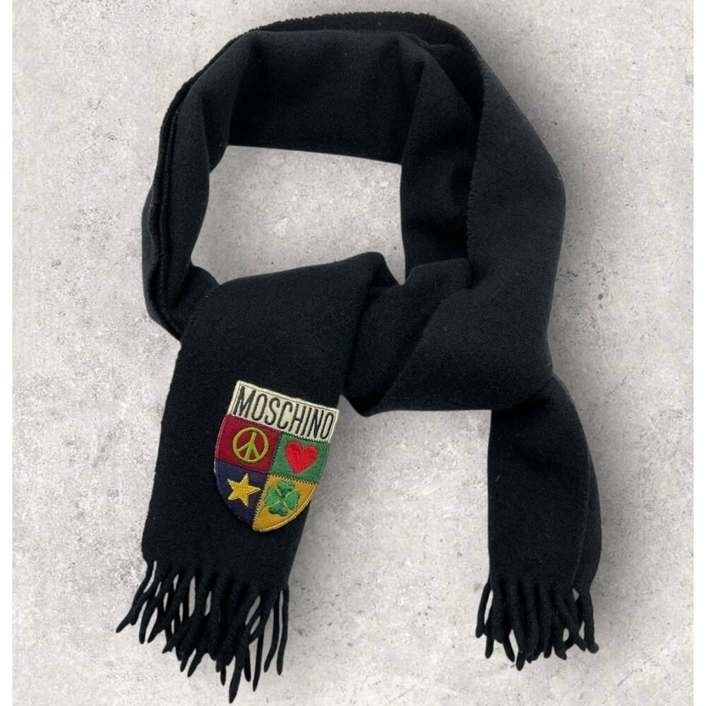 MOSCHINO Virginwool Scarf Solid Black Logo Brand Heart EUC